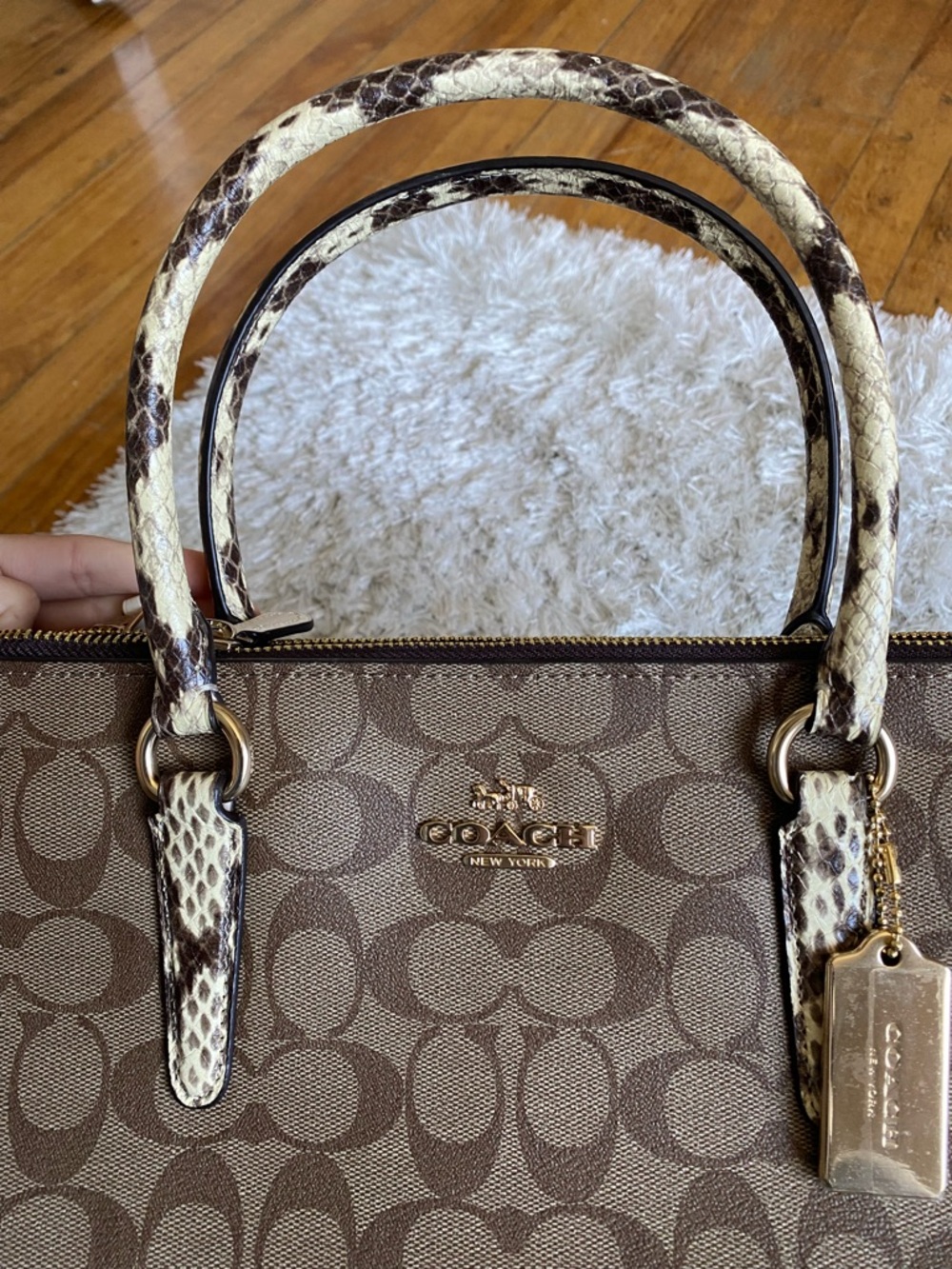 Coach Brown Signature Canvas Satchel with Snake-Print Handles and Gold Hardware - Picture 4 of 12